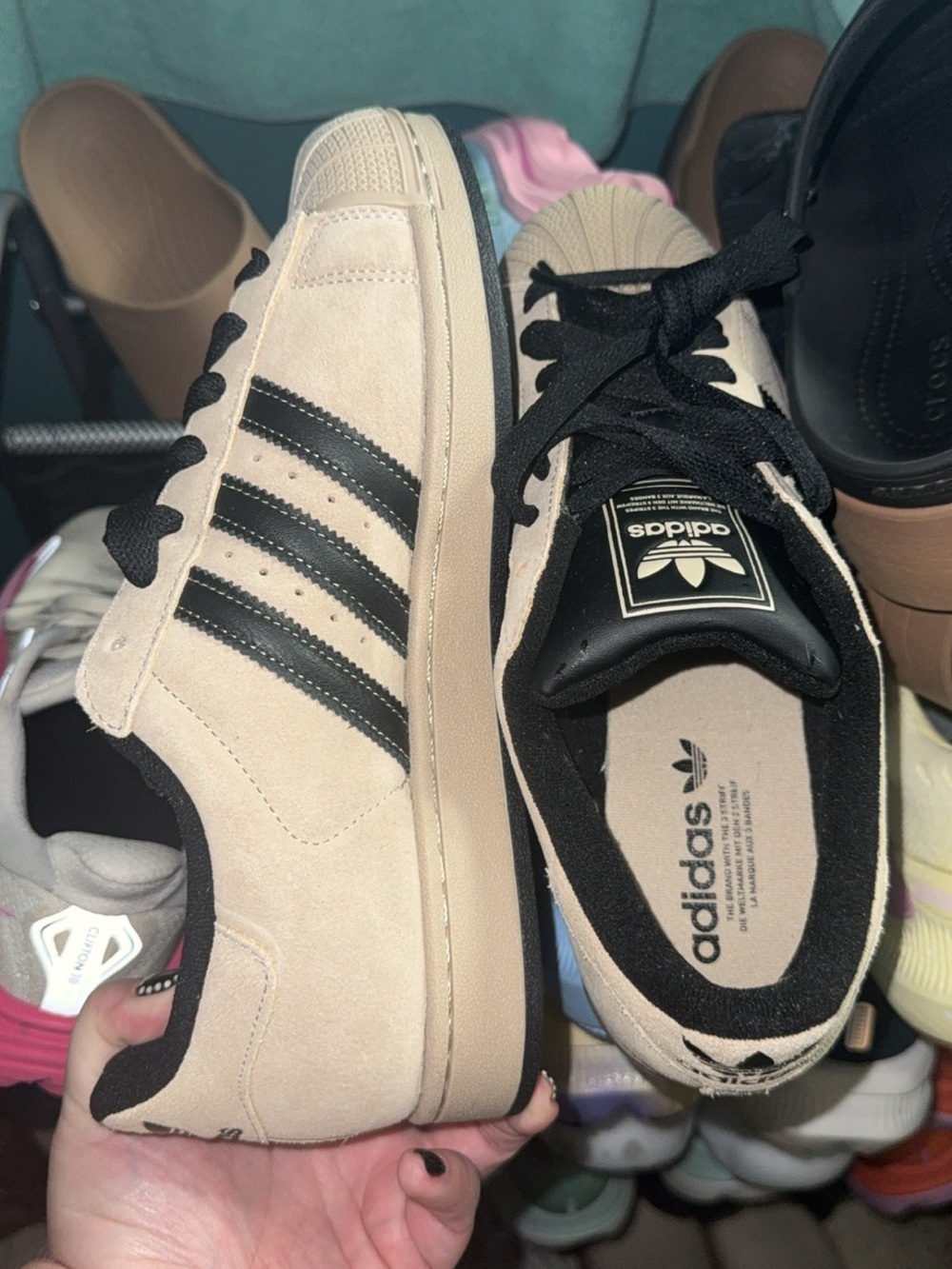 adidas Men’s Beige and Black Superstar Shell-Toe Sneakers - Picture 2 of 3